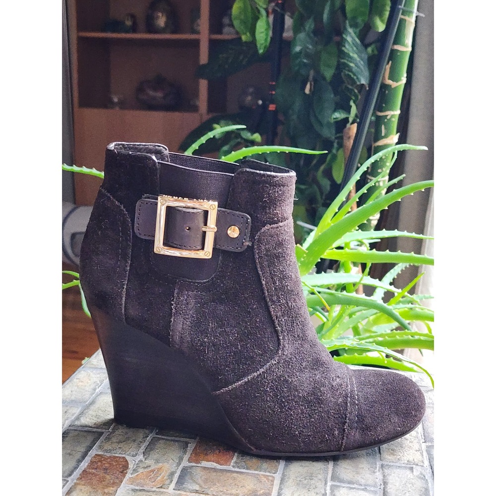 Tory Burch Adrienne Brown Suede Wedge Ankle Boots Gold Buckle Leather Booties 9